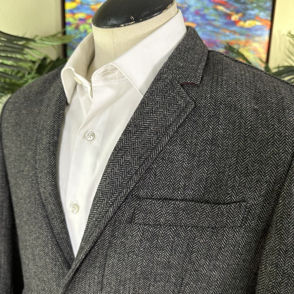 Unstructured Bitton Sport Coat Men Large Wool Blend Dark Gray Herringbone
